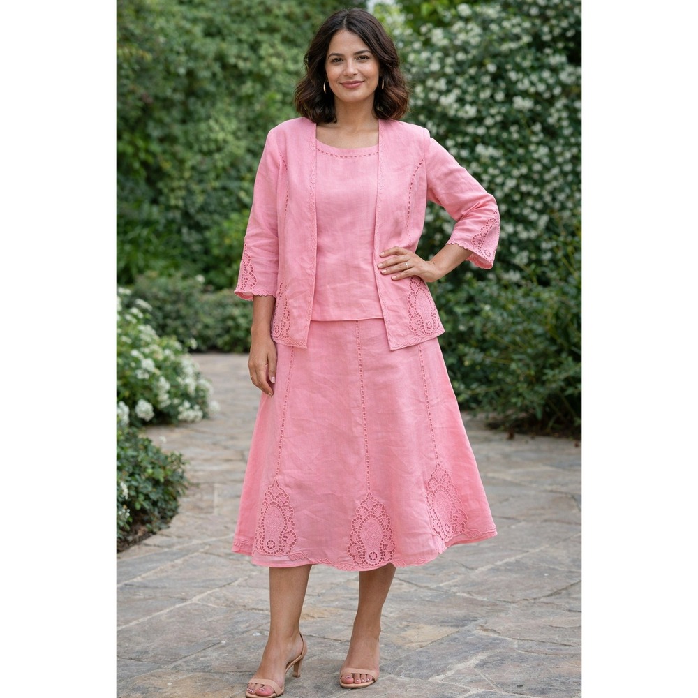 Linen Skirt Set‎ 3 Piece Lino USA Womens Medium Pink Eyelet Embroidery Easter